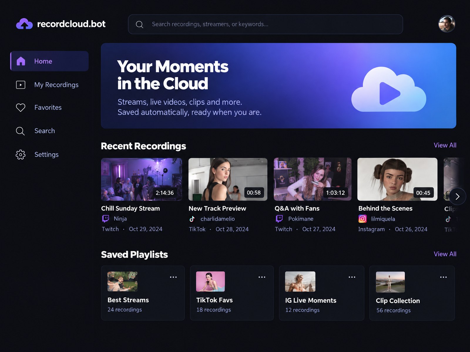 Screenshot of the recordcloud.bot dashboard showing recent recordings, search, favorites, and saved playlists